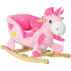 HOMCOM Kids Rocking Horse Ride on Unicorn with Songs, Wooden Base, Seatbelt, for Ages 18-36 Months, Pink