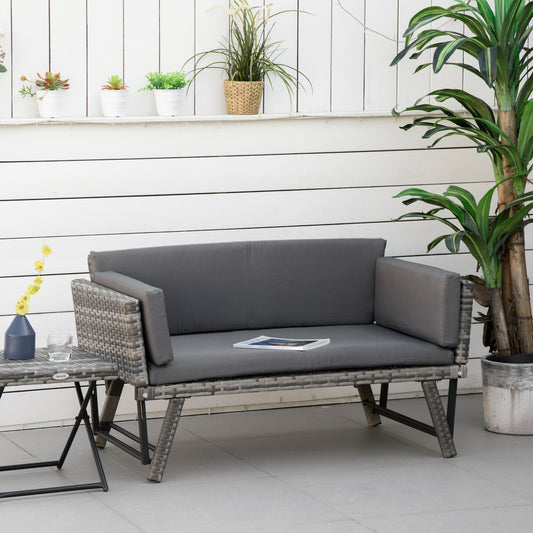 Outsunny 2 Seater Rattan Sofa with Cushions, 2-in-1 PE Rattan Daybed Sofa with Left Up or Down Armrests, Garden Chaise Lounger Loveseat for Outdoor, Patio, Mixed Grey