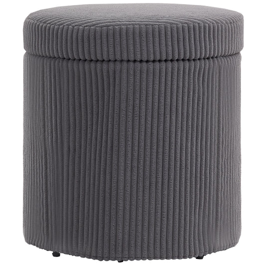 HOMCOM 40cm Round Storage Ottoman, Corduroy Footstool with Removable Lid and Legs, Vanity Stool for Living Room, Bedroom, Grey