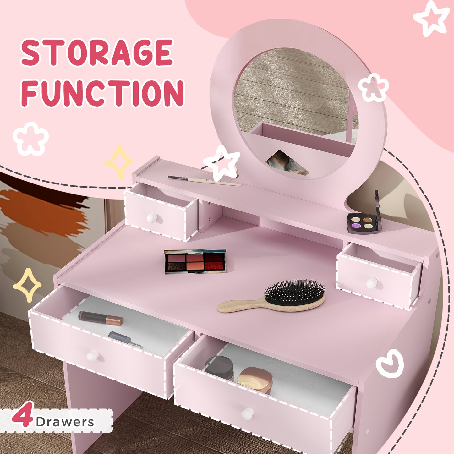 AIYAPLAY Kids Dressing Table Set Kids Make up Table with Stool and Mirror, Storage Drawers, Gift for Aged 3-8