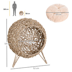 PawHut Wicker Cat Bed, Ball-Shaped Rattan Elevated Cat Basket with Three Tripod Legs, Cushion - Natural Wood Finish