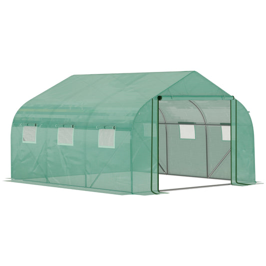 Outsunny Walk-in Polytunnel Garden Greenhouse, Outdoor Mesh Door Greenhouse with PE Cover and 6 Windows, 3.5 x 3 x 2m, Green