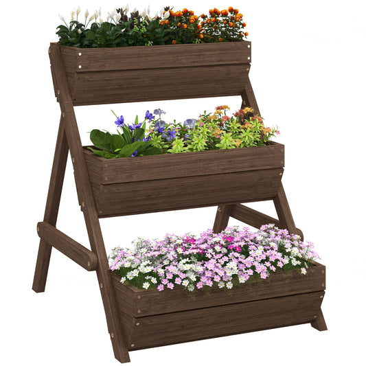 Outsunny 3 Tier Raised Garden Bed Wooden Elevated Planter Box Kit, 66L for Flower, Vegetable, Herb, 65x75x78cm, Tan