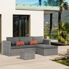 Outsunny 3 Pieces Outdoor PE Rattan Sofa Set, Patio Wicker Conversation Chaise Lounge Furniture w/ Tempered Glass Table-top & Soft Padded Cushion for Garden, Backyard, Lawn, Grey