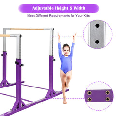 Kids Parallel Gymnastics Bar with Adjustable Width and 11-Level Heights-Purple