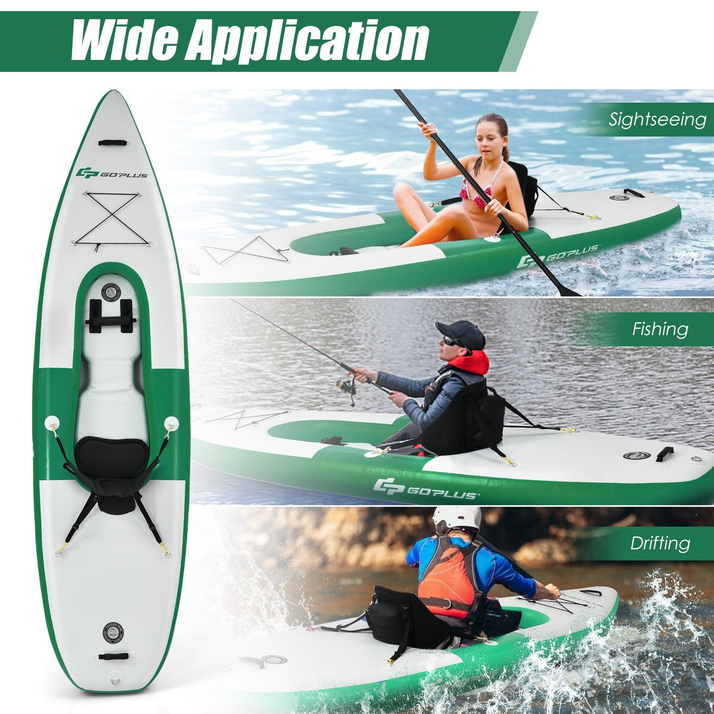 Inflatable Kayak with Adjustable Aluminum Oar for River Lake Sea-Green