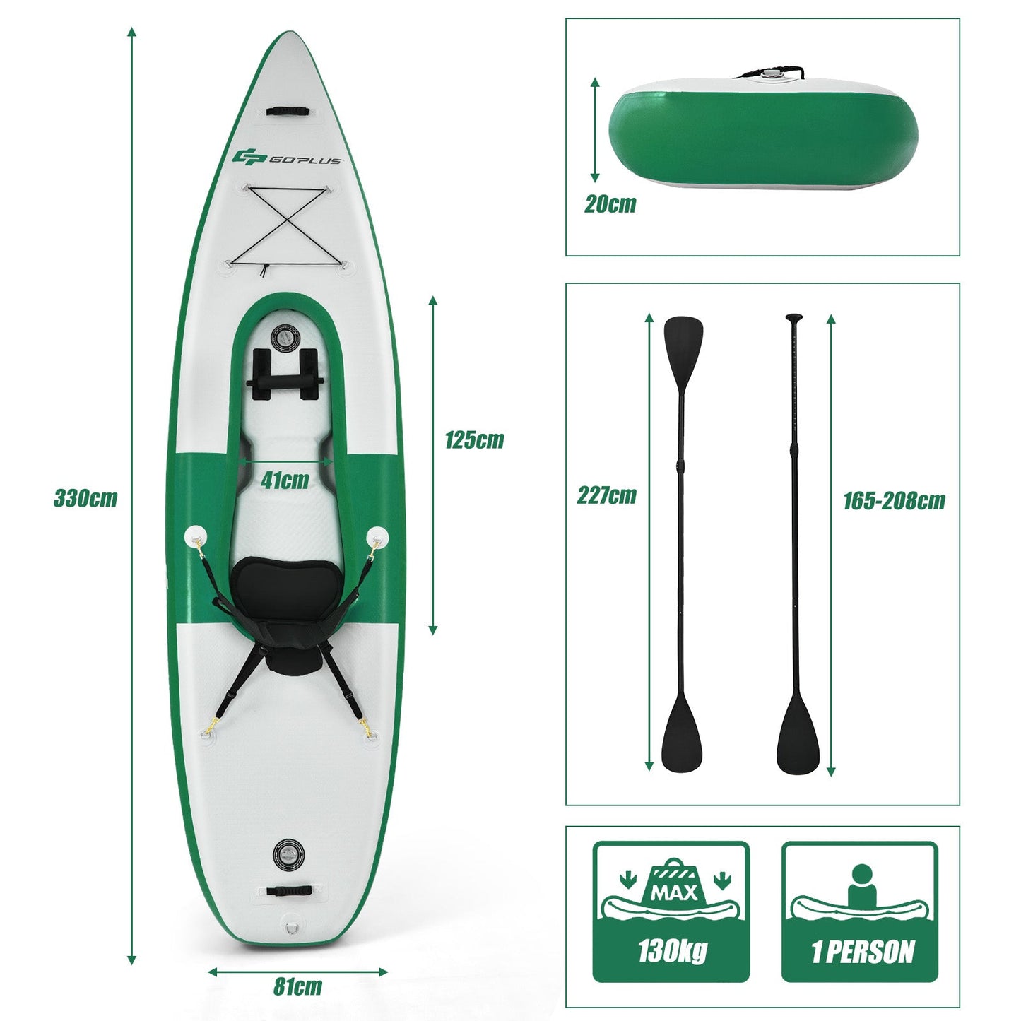 Inflatable Kayak with Adjustable Aluminum Oar for River Lake Sea-Green