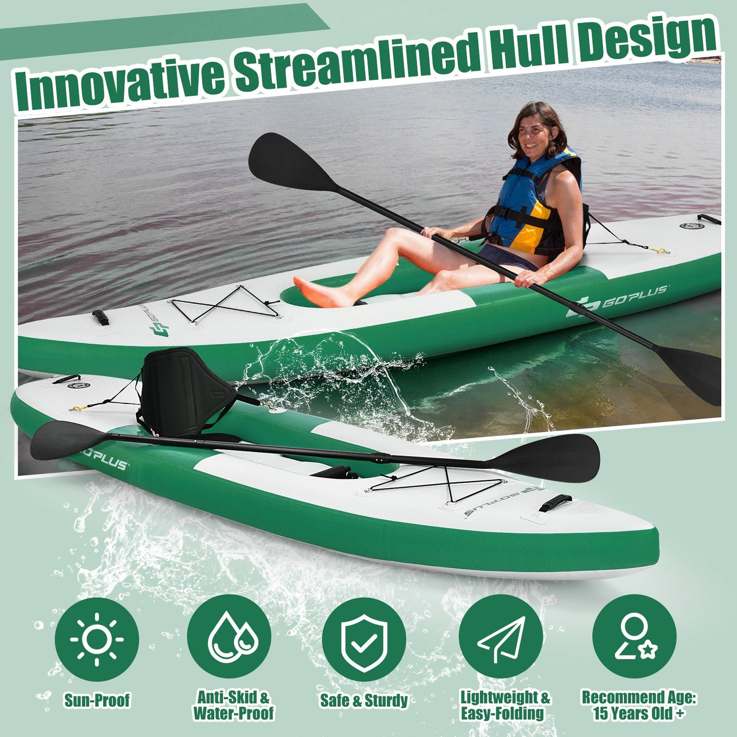 Inflatable Kayak with Adjustable Aluminum Oar for River Lake Sea-Green