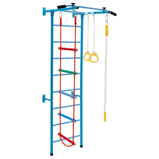 Swedish Ladder Set with Climbing Frame Pull-up Bar Ropes and Rings-Blue