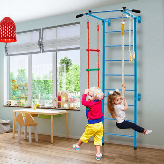 Swedish Ladder Set with Climbing Frame Pull-up Bar Ropes and Rings-Blue