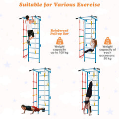 Swedish Ladder Set with Climbing Frame Pull-up Bar Ropes and Rings-Blue