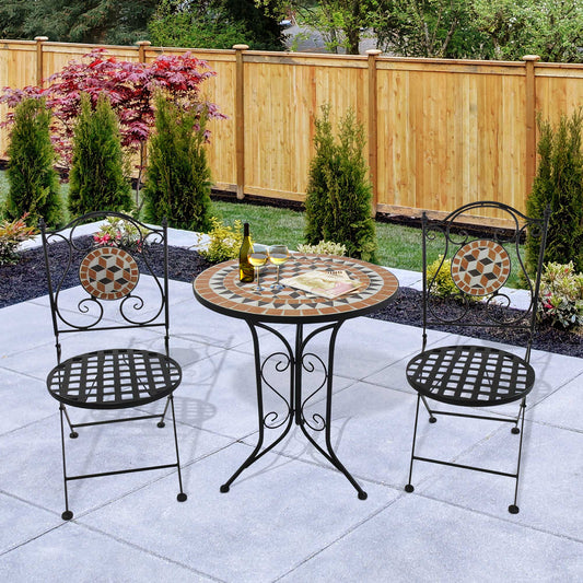 Outsunny 3 PCs Garden Mosaic Bistro Set Outdoor Patio 2 Folding Chairs & 1 Round Table Outdoor Furniture Vintage