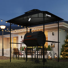 Outsunny 8' x 5' Grill Gazebo, Double Tiered BBQ Gazebo Shelter Canopy with LED Lights, 2 Side Shelves, Hooks, Dark Grey