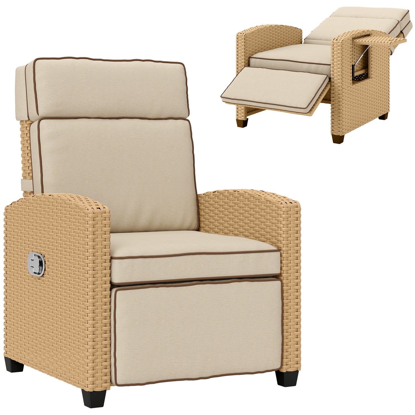 Outsunny 145√Ç¬∞ Reclining Rattan Armchair, with Footrest - Khaki/Beige