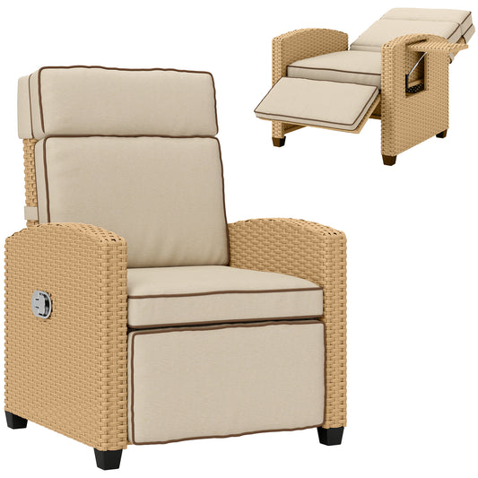 Outsunny 145√Ç¬∞ Reclining Rattan Armchair, with Footrest - Khaki/Beige