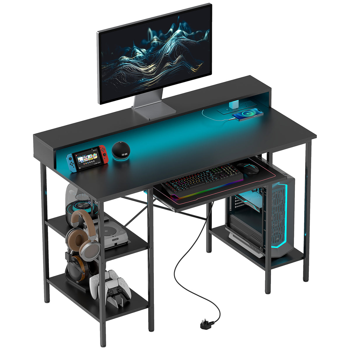 HOMCOM Reversible Computer Desk with LED Lights and Power Outlets, 120 x 55 cm Gaming Desk with Monitor Stand, Sliding Keyboard Tray and Storage Shelves, Industrial Home Office Desk, Black