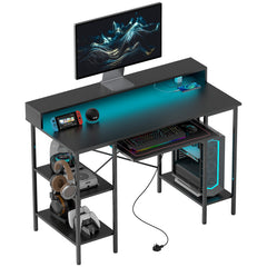 HOMCOM Reversible Computer Desk with LED Lights and Power Outlets, 120 x 55 cm Gaming Desk with Monitor Stand, Sliding Keyboard Tray and Storage Shelves, Industrial Home Office Desk, Black