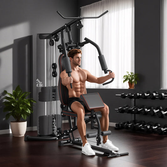 HOMCOM Multifunctional Home Gym Equipment Workout Station, Chest Station, Butterfly Press & Leg Developer, 45kg Weight Stack Multi Gym Machine Fitness Equipment for Full Body Fitness