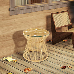 Outsunny Round End Table, Rattan Side Table, Hollow Drum Design Coffee Table w/ Glass Tabletop for Patio, Garden, Balcony Natural