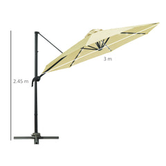 Outsunny 3(m) LED Cantilever Parasol Garden Sun Umbrella w/ Base and Solar Lights Beige