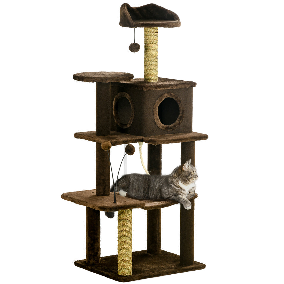 PawHut 136cm Cat Tree for Indoor Cats, Modern Cat Tower with Scratching Posts, house, Platforms, Toy Ball - Brown