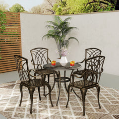 Outsunny 5 Pieces Garden Dining Set for 4, Cast Aluminium Outdoor Dining Set with 4 Armchairs and Round Dining Table with Parasol Hole, Garden Furniture Set, Bronze Tone