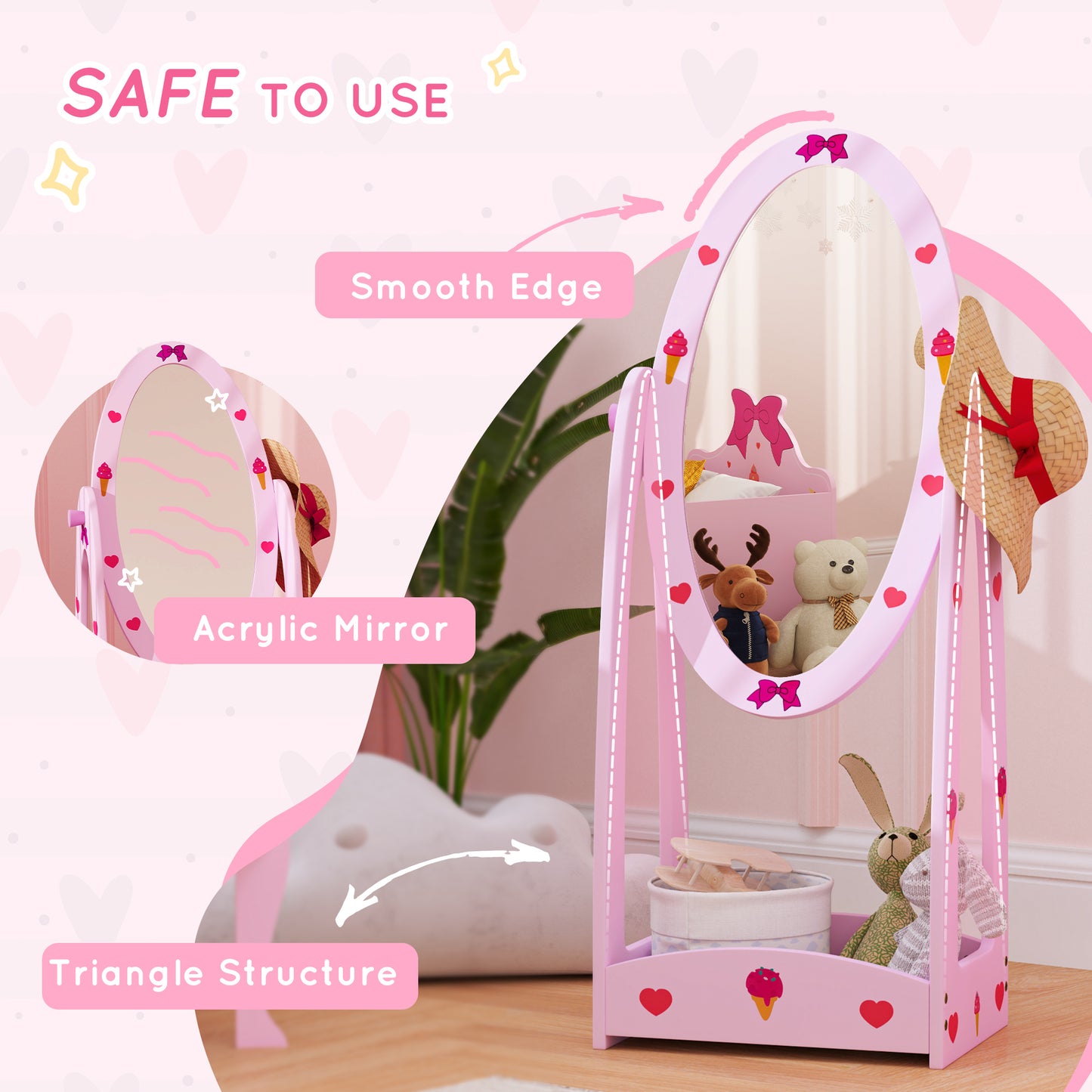 AIYAPLAY Kids Full Length Mirror, 360√Ç¬∞ Rotating Children Standing Mirror with Storage Shelf, Pink