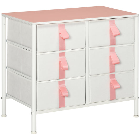 HOMCOM Chest of Drawers, Cloth Organizer Unit with 6 Fabric Drawers, Metal Frame and Wooden Top, Storage Cabinet for Kids Room, Living Room, Closet, Hallway, Pink