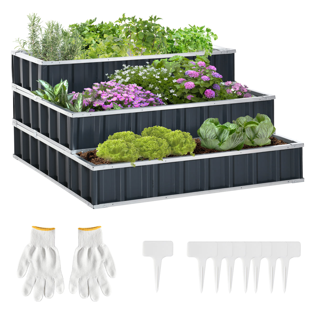 Outsunny 3 Tier Raised Garden Bed, Metal Elevated Planer Box Kit Flower Pot w/ A Pairs of Glove for Garden, Patio to Grow Vegetables, Herbs, Flowers, 118 x 118 x 62 cm, Grey