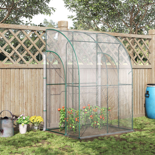 Outsunny Outdoor Walk-In Lean to Wall Tunnel Greenhouse w/ Zippered Roll Up Door PVC Cover, Clear, Green 143cm x 118cm x 212cm