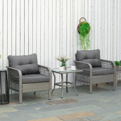 Outsunny 3 Pieces Rattan Bistro Set with Glass Top Coffee Table, Chairs and Cushions for Outdoor, Patio, Balcony, Grey