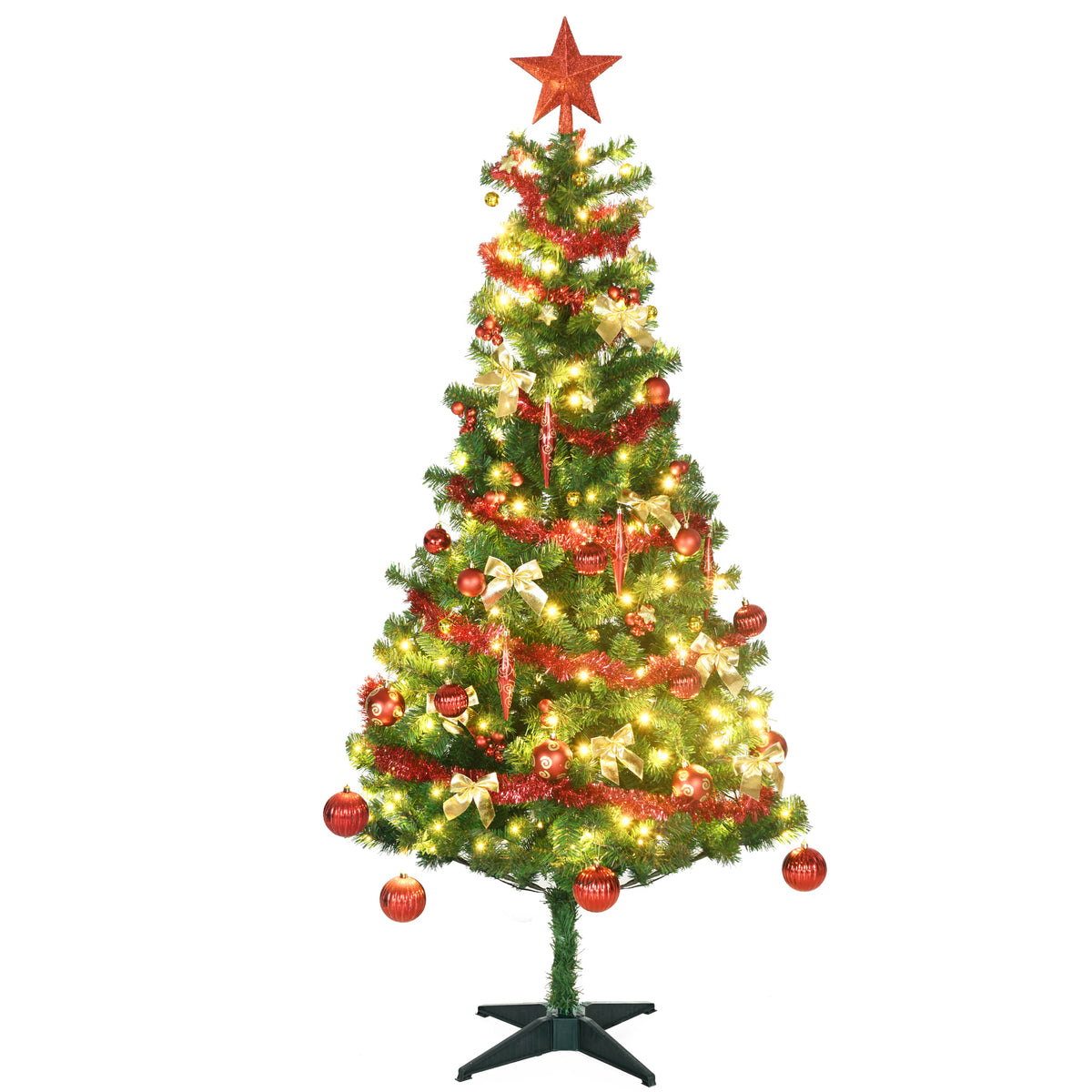 HOMCOM 6' Artificial Prelit Christmas Trees Holiday D√É¬©cor with Warm White LED Lights, Auto Open, Tinsel, Ball, Star