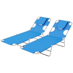 Outsunny Foldable Sun Lounger Set of 2 with Reading Hole, Portable Sun Lounger with 5 Level Adjustable Backrest, Reclining Lounge Chair with Side Pocket, Headrest Pillow, Blue