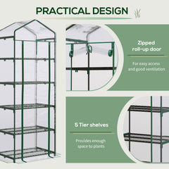 Outsunny 5 Tier Mini Greenhouse, Portable Greenhouse with Reinforced Plastic Cover, Garden Grow House with Roll Up Door and Shelves, 69 x 49 x 193cm, Green