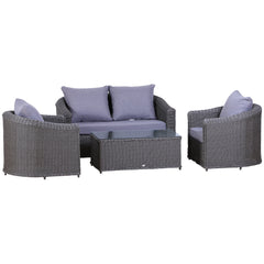 Outsunny Deluxe Round PE Rattan Garden Furniture Set, Fully-assembly Outdoor Sofa Set with Armchair, Loveseat, Glass Top Coffee Table, Aluminium Frame, Cushion, Grey