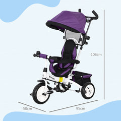 HOMCOM 6 in 1 Kids Trike Push Bike w/ Push Handle, Canopy, 5-point Safety Belt, Storage, Footrest, Brake, for 1-5 Years, Purple