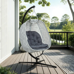 Outsunny Hanging Egg Chair Outdoor Indoor Garden Swing Chair with Folding Basket, Garden Hanging Chair with Stand, Thickened Cushion, Cup Holder for Patio, Balcony, Grey