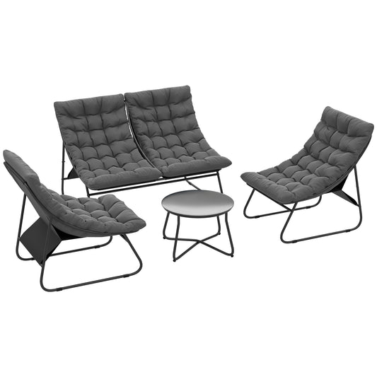 Outsunny 4 Seater Garden Furniture Set, Conversation Set with Loveseat Sofa, Chairs, Glass Coffee Table, Thick Cushions, Steel Outdoor Sofa for Balcony, Poolside, Conservatory, Grey