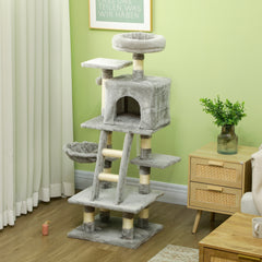 PawHut 132cm Cat Tree with Scratching Post, House, Hammock, Toy Balls - Grey