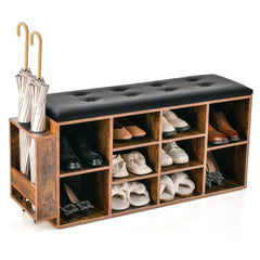 Shoe Storage Bench with Umbrella Stand, Adjustable Shelf and Padded Cushion-Rustic Brown