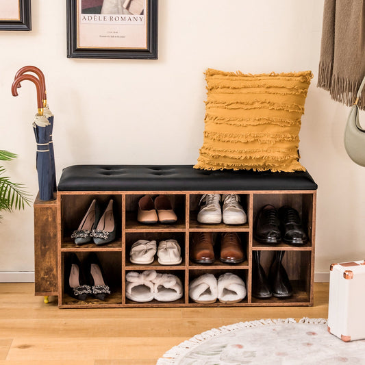 Shoe Storage Bench with Umbrella Stand, Adjustable Shelf and Padded Cushion-Rustic Brown