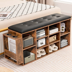 Shoe Storage Bench with Umbrella Stand, Adjustable Shelf and Padded Cushion-Rustic Brown