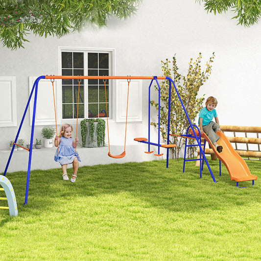 Outsunny Four-In-One Metal Garden Swing Set, with Double Swings, Glider, Slider, Ladder - Orange and Blue