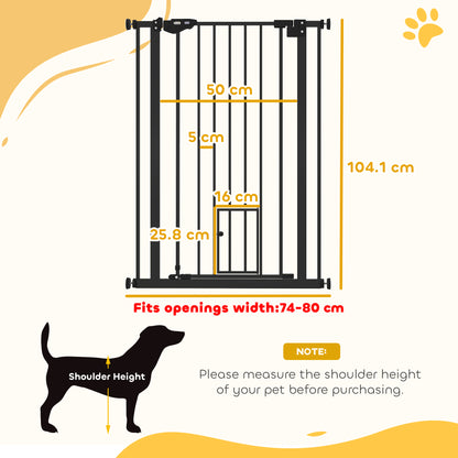 بوابة PawHut Extra Tall Pet Gate، بوابة أمان للكلاب في الأماكن المغلقة، مع فتحة للقطط، إغلاق تلقائي، عرض 74-80 سم - أسود