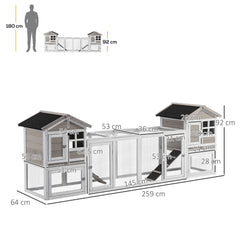 PawHut 2 in 1 Rabbit Hutch Outdoor Guinea Pig Hutch Bunny Run Double Main House with Run, No-Leak Tray 259 x 64 x 92cm, Grey