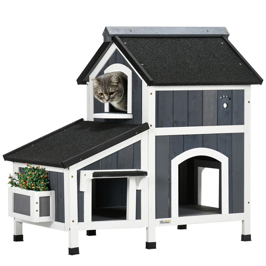 PawHut Wooden Cat House with Flower Pot, Windows, Multiple Entrances, Water-Resistant Roof for Outdoor - Grey