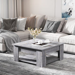 HOMCOM 2 Tier Wood Coffee Table Side Table Bottom Storage Shelf Simple Modern Living Room Grey Wood Grain