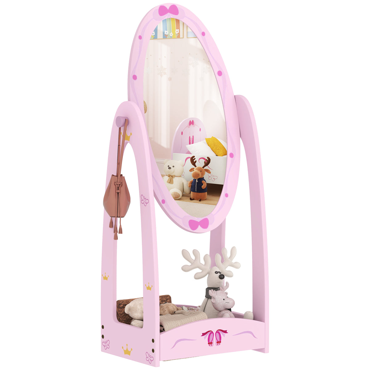 AIYAPLAY Kids Full Length Mirror, 360√Ç¬∞ Rotating Children Standing Mirror with Storage Shelf, Pink