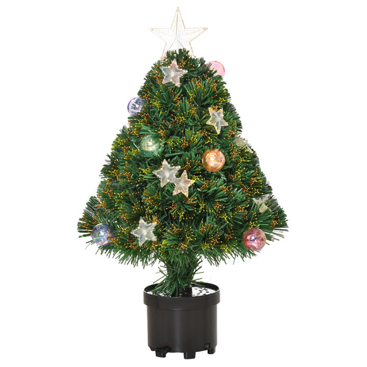 HOMCOM 2FT Pre-lit Artificial Christmas Tree Tabletop Multicoloured Fibre Optic Xmas Decoration w/ LED Lights Pot Table Desk - Green