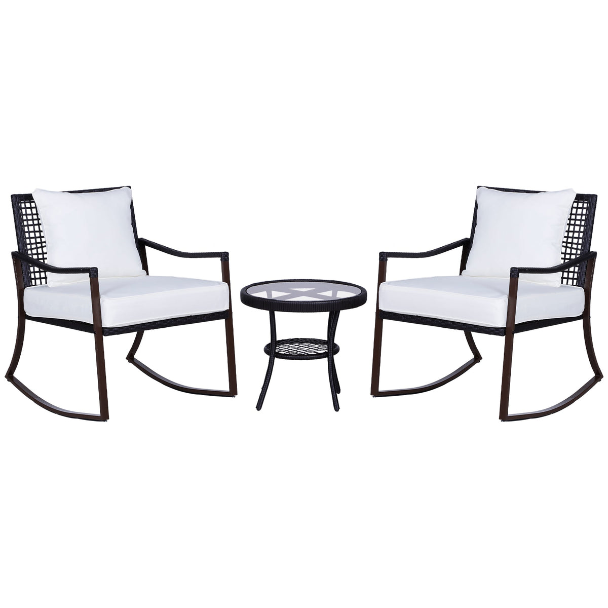 Outsunny Rattan Bistro Set, 3 Pieces Wicker Garden Furniture Set with Rocking Chairs and Round Glass Top Coffee Table, Small Balcony Furniture with Cushions for Outdoor, Porch, Brown